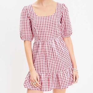 LOFT Petites Red Gingham Puff Sleeve Dress Bow Front | 10P